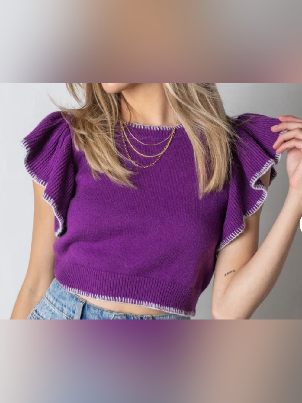 Day+ moonEmbroidered Double Ruffle Short Sleeve Knit Top-purple